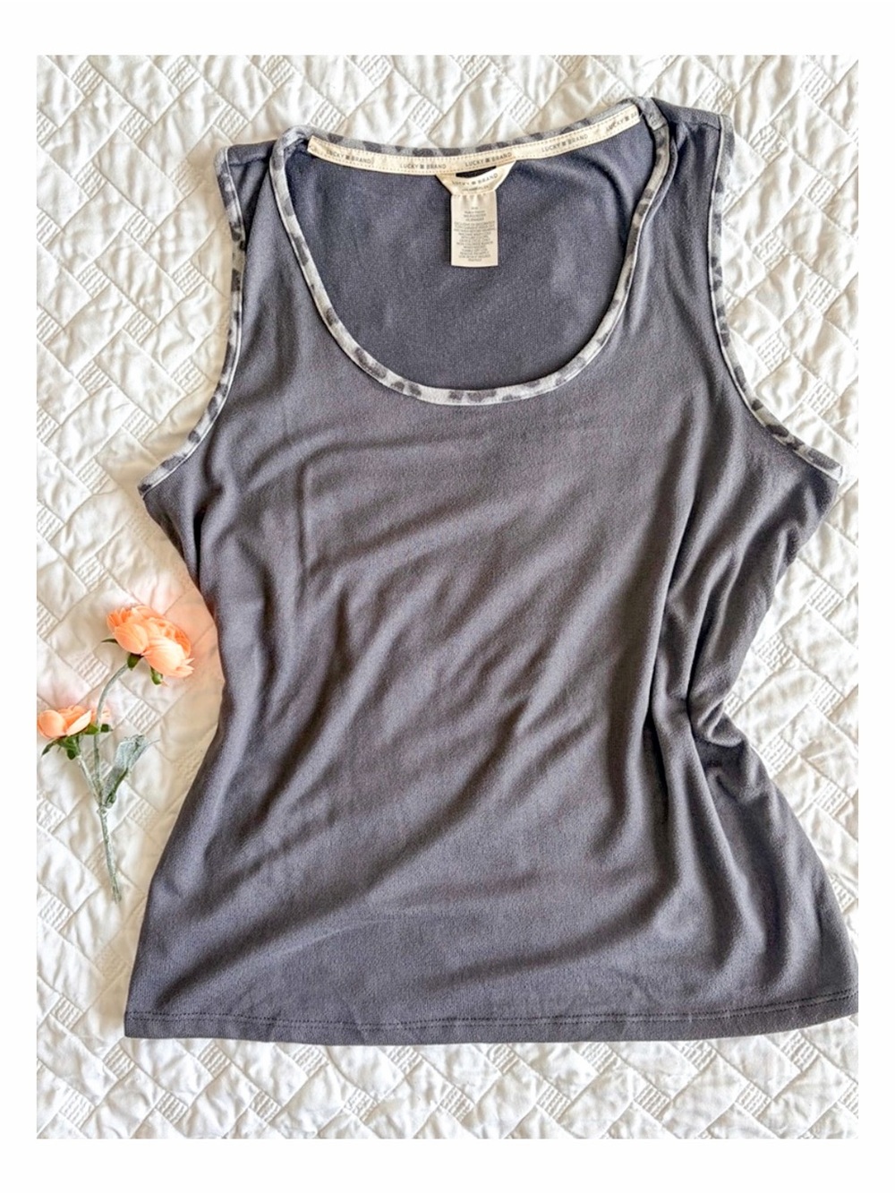 Lucky Brand Gray Tank Top Leopard Trim Sleeveless Knit M Casual Tank Top Lounge
